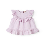 Ærmeløs lys lilla top til baby med flæsedetaljer