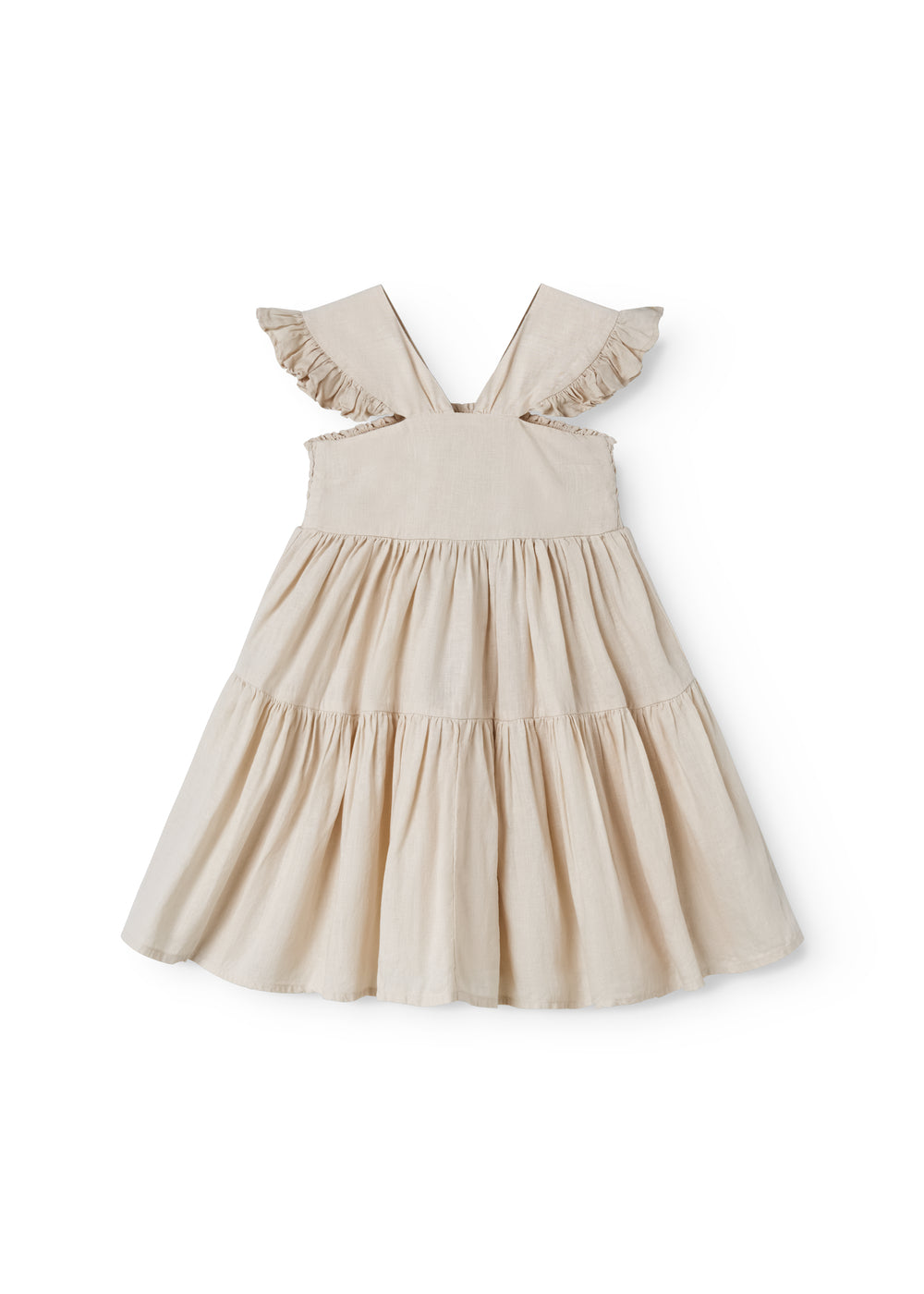 Ærmeløs beige kjole til børn med brede stropper og flæser på skulderen og smock bagpå
