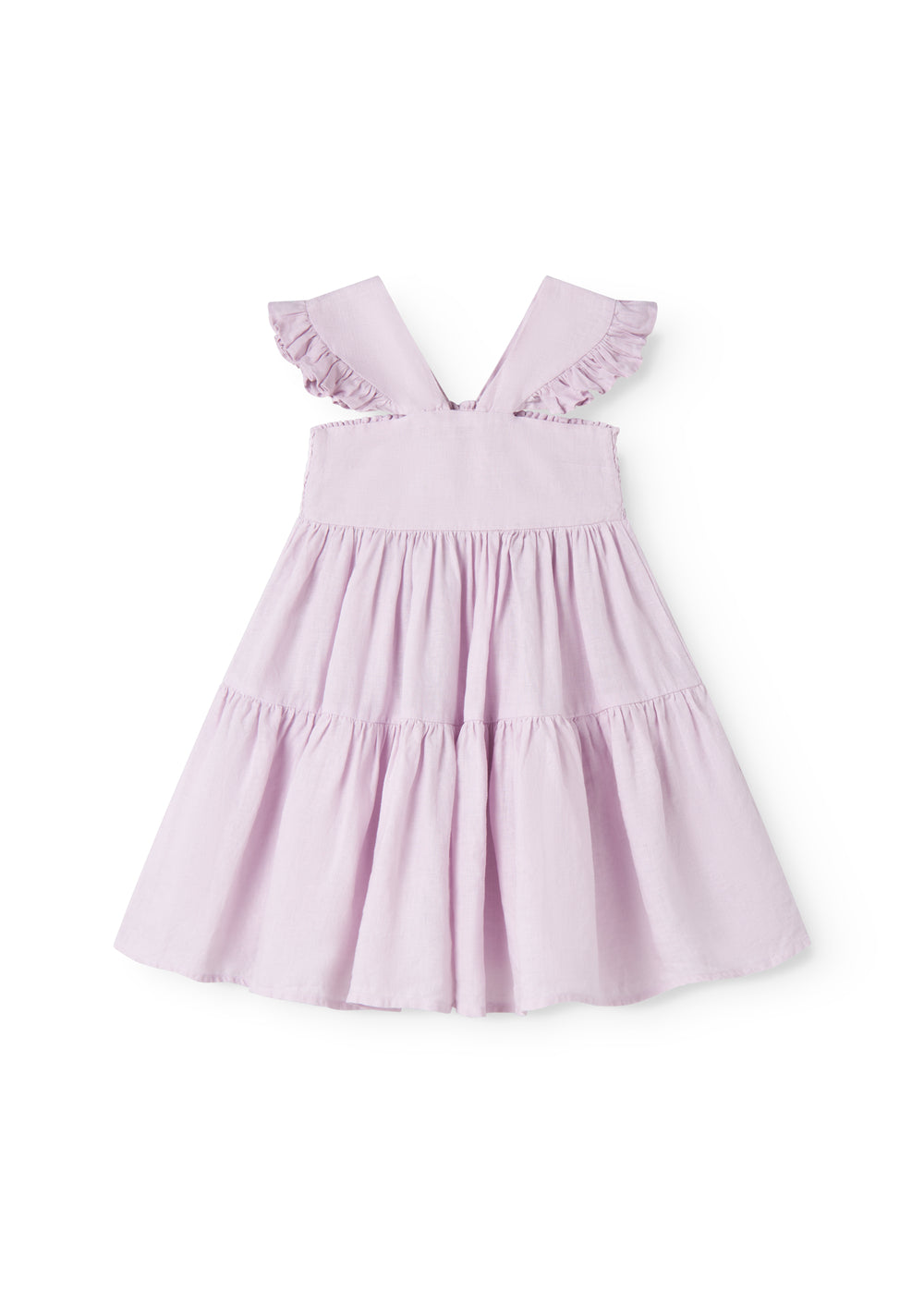 Ærmeløs lyserød kjole til børn med brede stropper og flæser på skulderen og smock bagpå