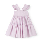 Ærmeløs lyserød kjole til børn med brede stropper og flæser på skulderen og smock bagpå