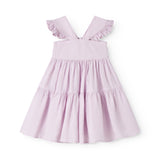 Ærmeløs lyserød kjole til børn med brede stropper og flæser på skulderen og smock bagpå