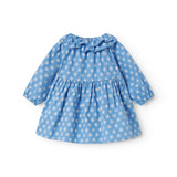 Blå babykjole med lange ærmer, flæsekrave og blomsterprint