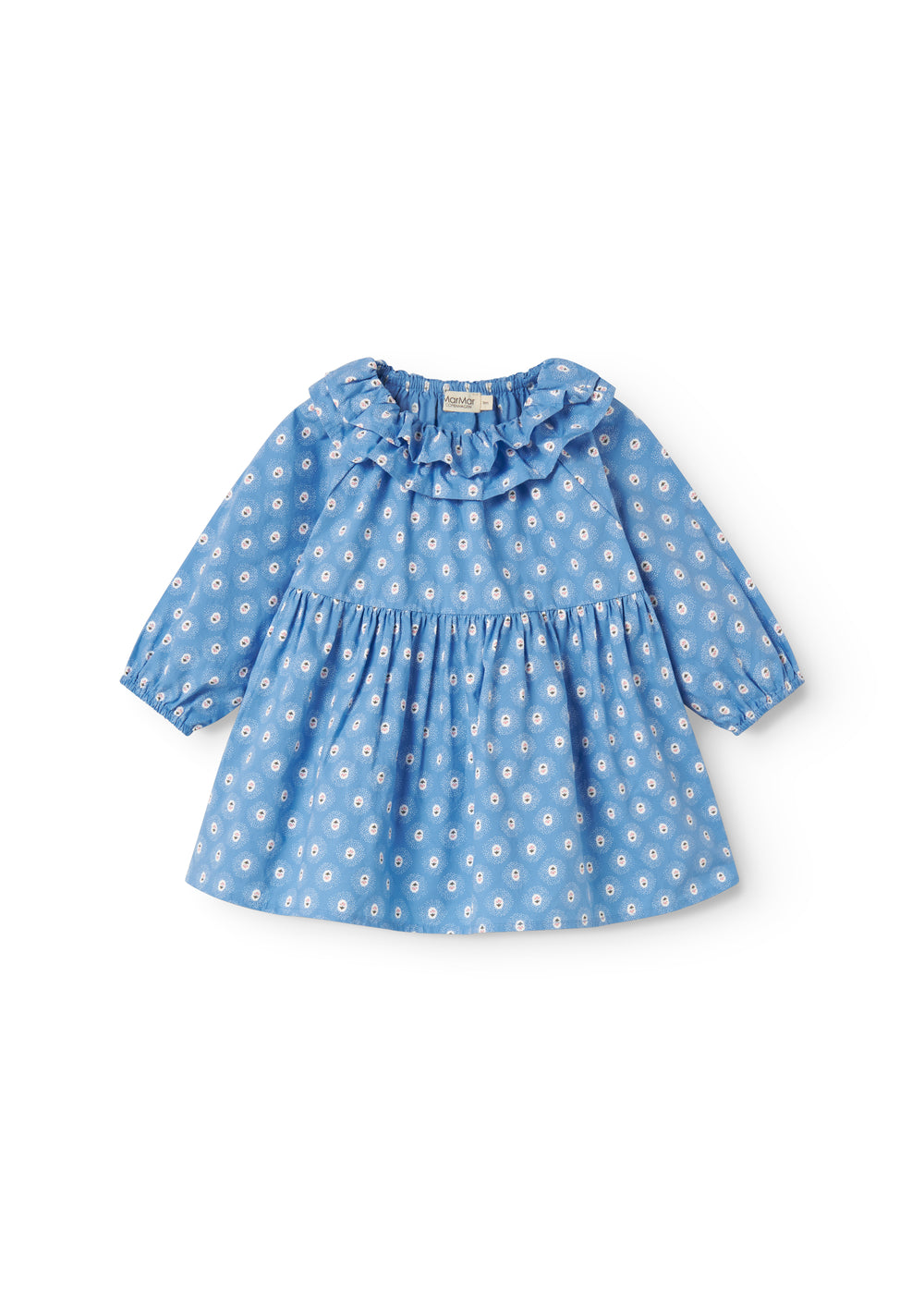 Blå babykjole med lange ærmer, flæsekrave og blomsterprint