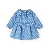 Blå babykjole med lange ærmer, flæsekrave og blomsterprint