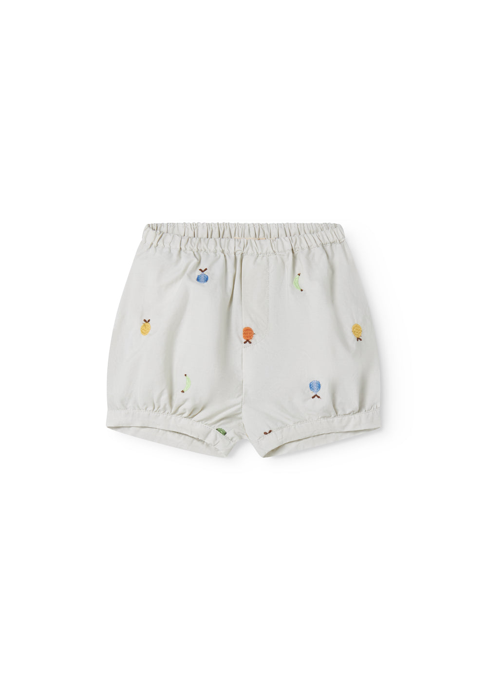 Lyse babyshorts med broderede frugter og elastisk talje