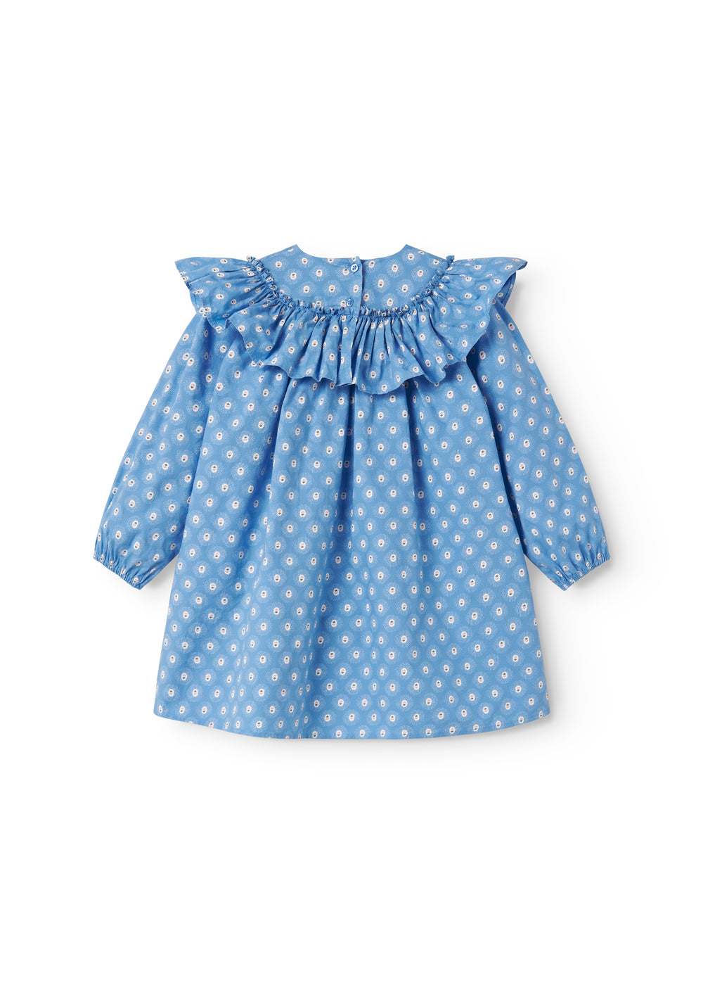 Blå børnekjole med lange ærmer, flæser  og små blomster