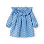 Blå børnekjole med lange ærmer, flæser  og små blomster