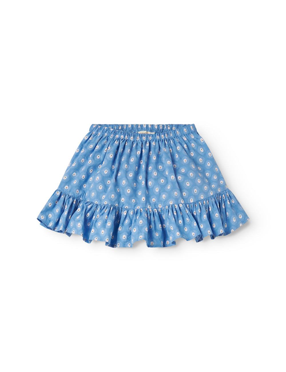 Blå børnenederdel med små blomster og flæsekant