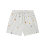 Lyse børneshorts med broderede frugter og elastisk talje