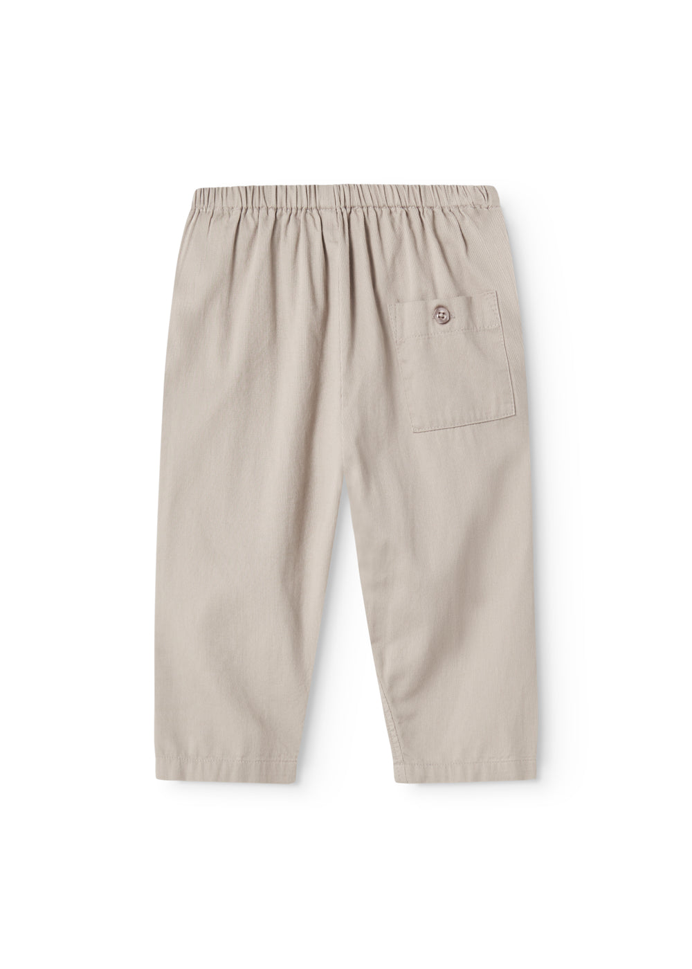 Grå bukser til baby med en løs pasform, lomme bagpå samt elastik i taljen