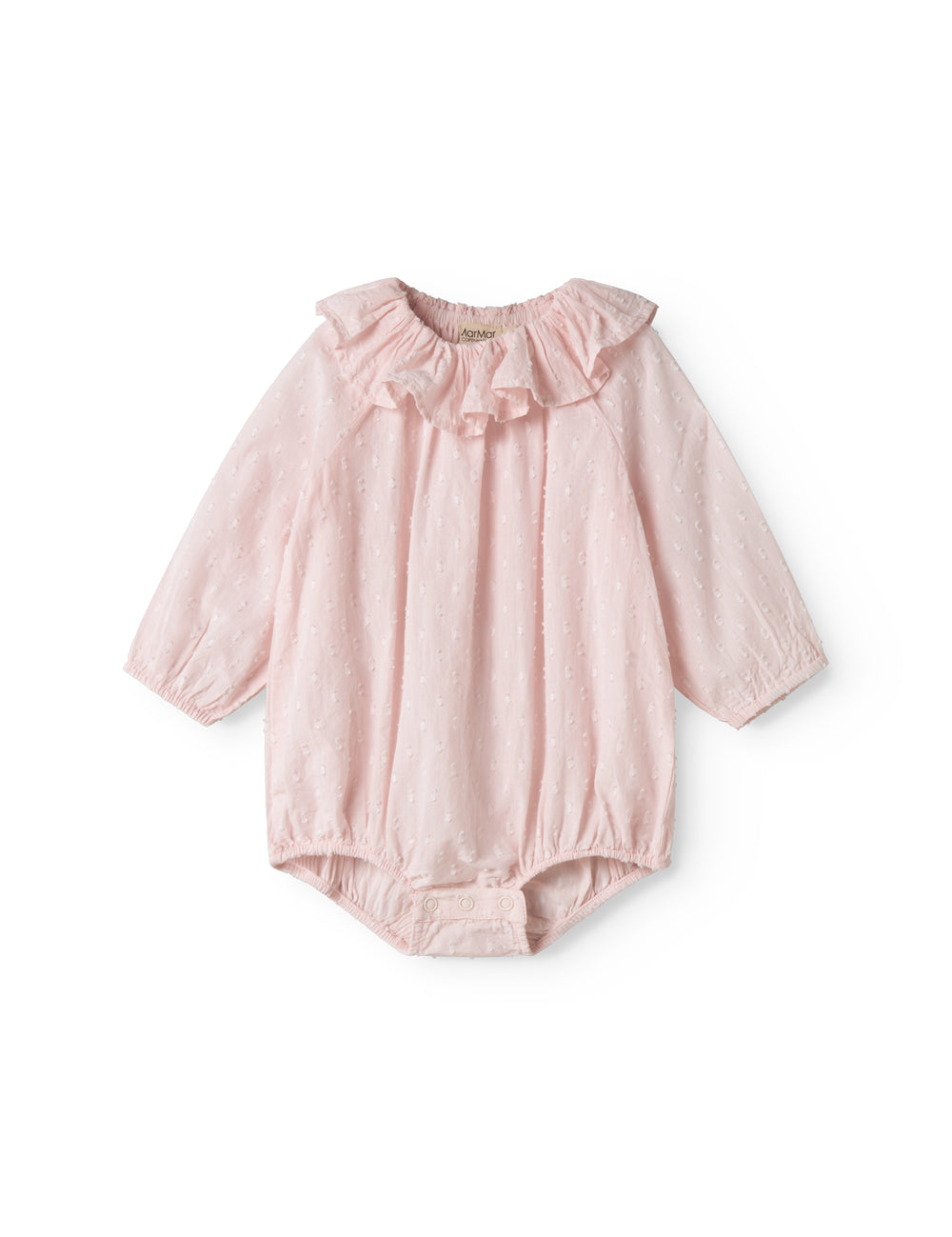 Lyserød baby heldragt med lange ærmer og flæsekrave