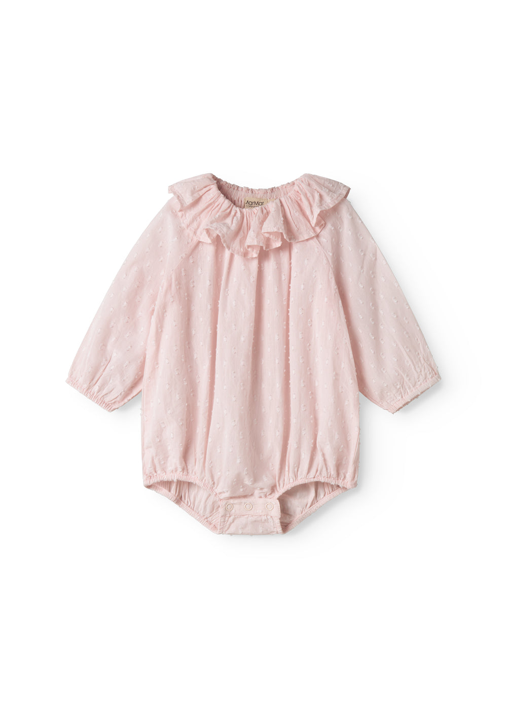 Lyserød baby heldragt med lange ærmer og flæsekrave