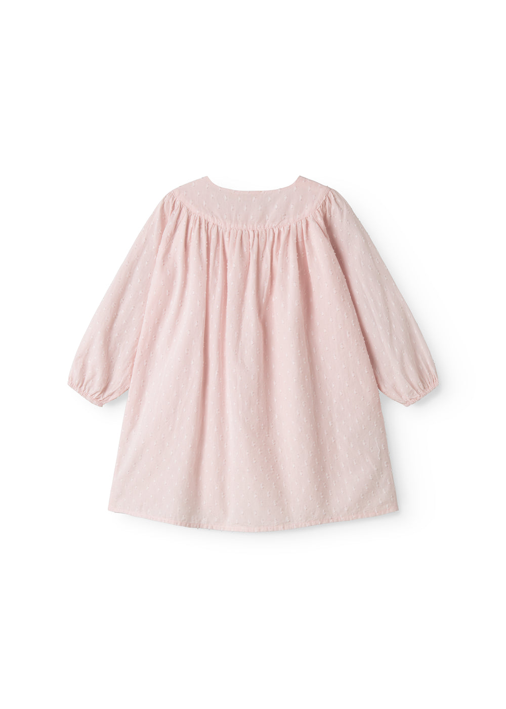 Lyserød børnekjole med lange ærmer og rynket hals