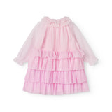 Lyserød langærmet baby kjole i plisseret tyl med flere lag