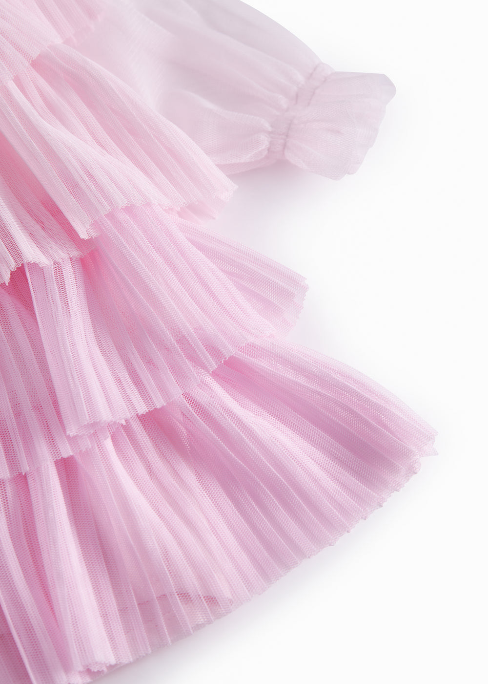 Lyserød langærmet baby kjole i plisseret tyl med flere lag