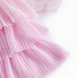 Lyserød langærmet baby kjole i plisseret tyl med flere lag