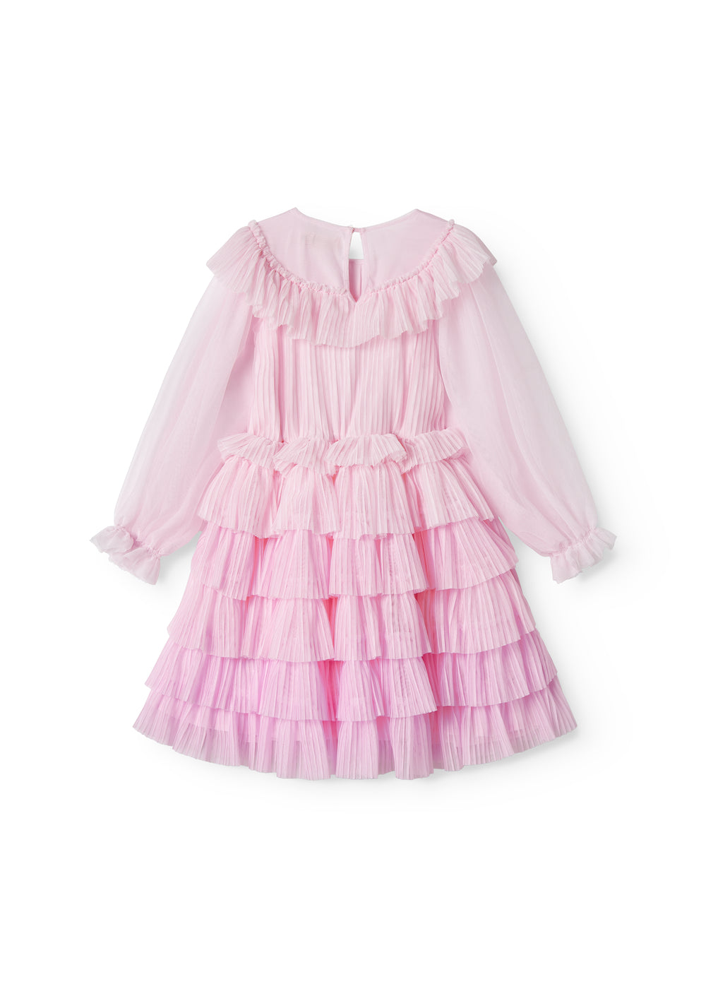 Lyserød langærmet kjole til børn i plisseret tyl med flere lag