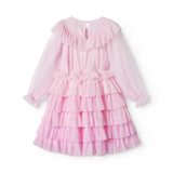 Lyserød langærmet kjole til børn i plisseret tyl med flere lag
