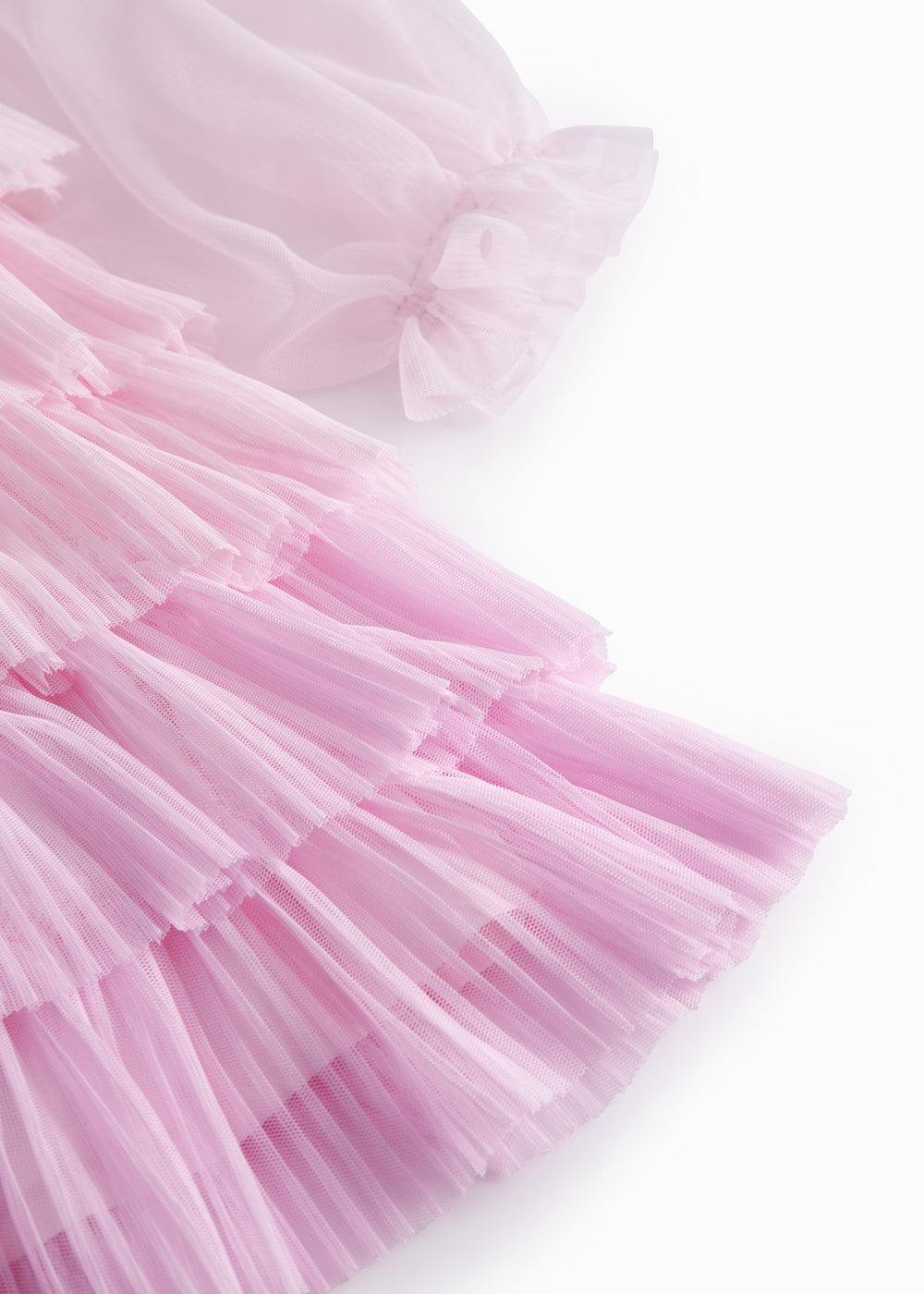 Lyserød langærmet kjole til børn i plisseret tyl med flere lag