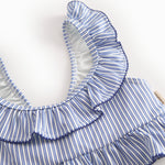 Bikini til børn med blå striber og flæser