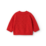 Rød strik cardigan til baby, med fint hulmønster og knaplukning