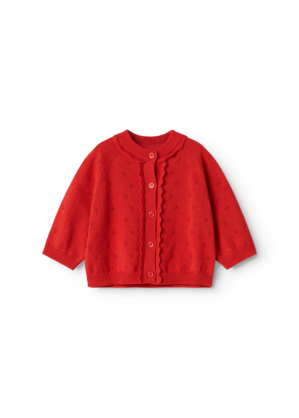 Rød strik cardigan til baby, med fint hulmønster og knaplukning