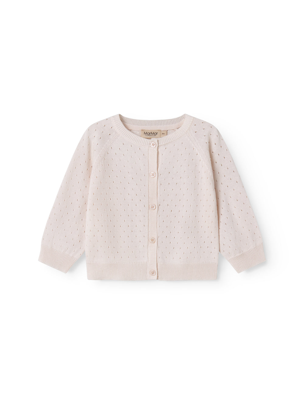 Strik baby cardigan med fint hulmønster og knaplukning