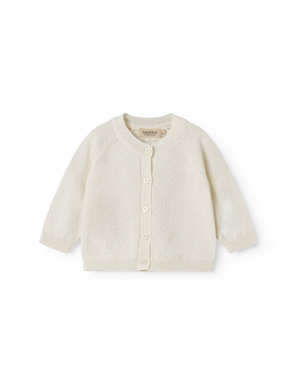Hvid strik cardigan til baby, med fint hulmønster og knaplukning