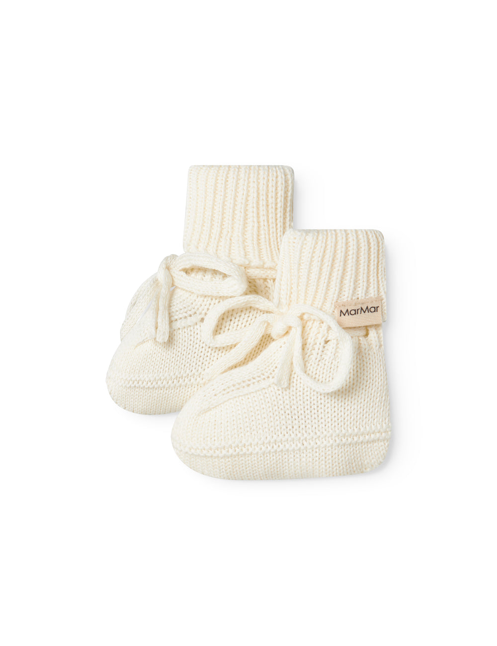 Strikkede babyfutter i råhvid med ribkant og bindebånd