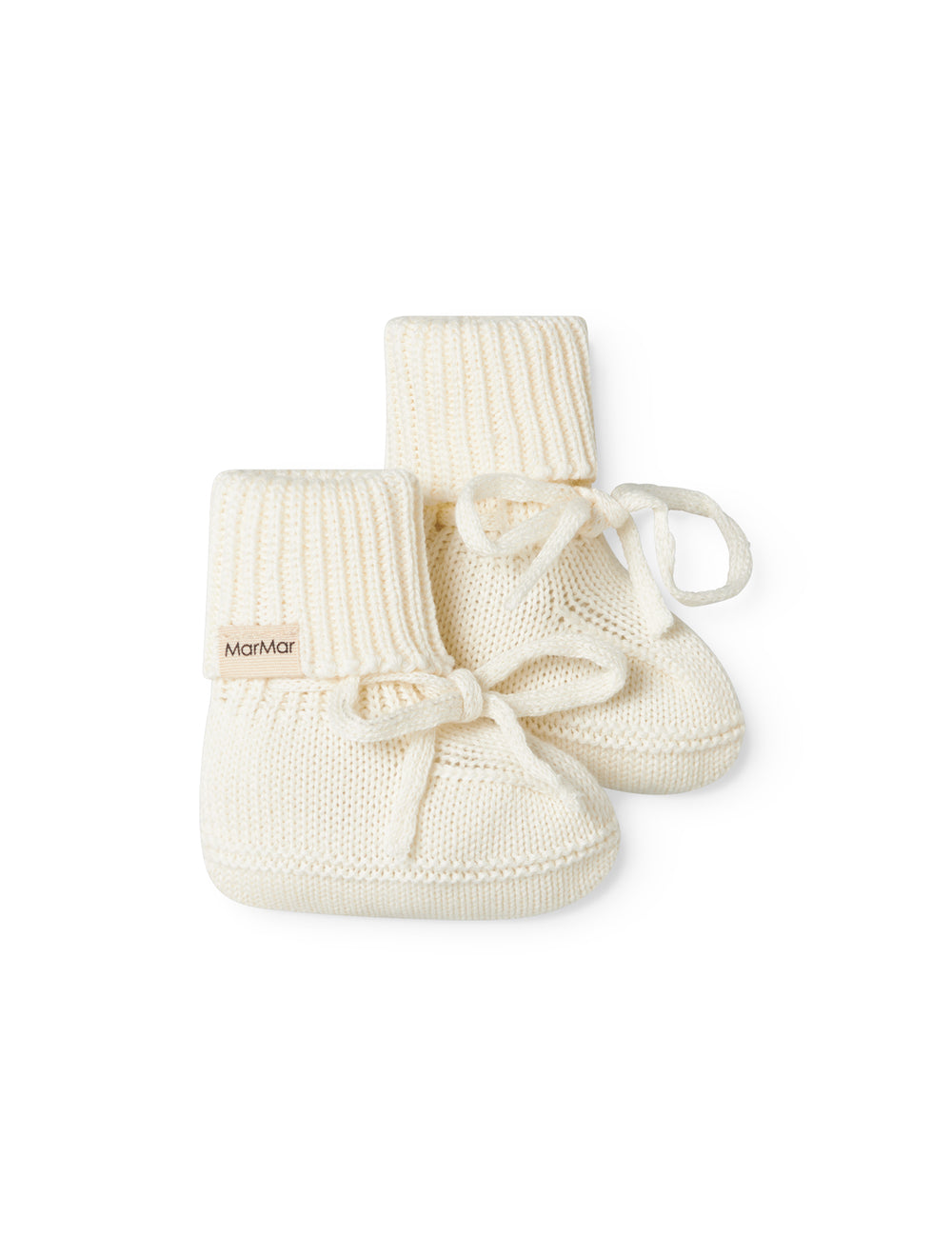 Strikkede babyfutter i råhvid med ribkant og bindebånd