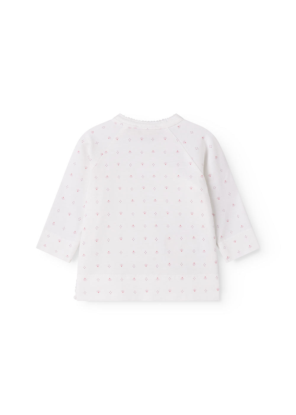 Hvid babybluse med slå-om lukning og små blomster