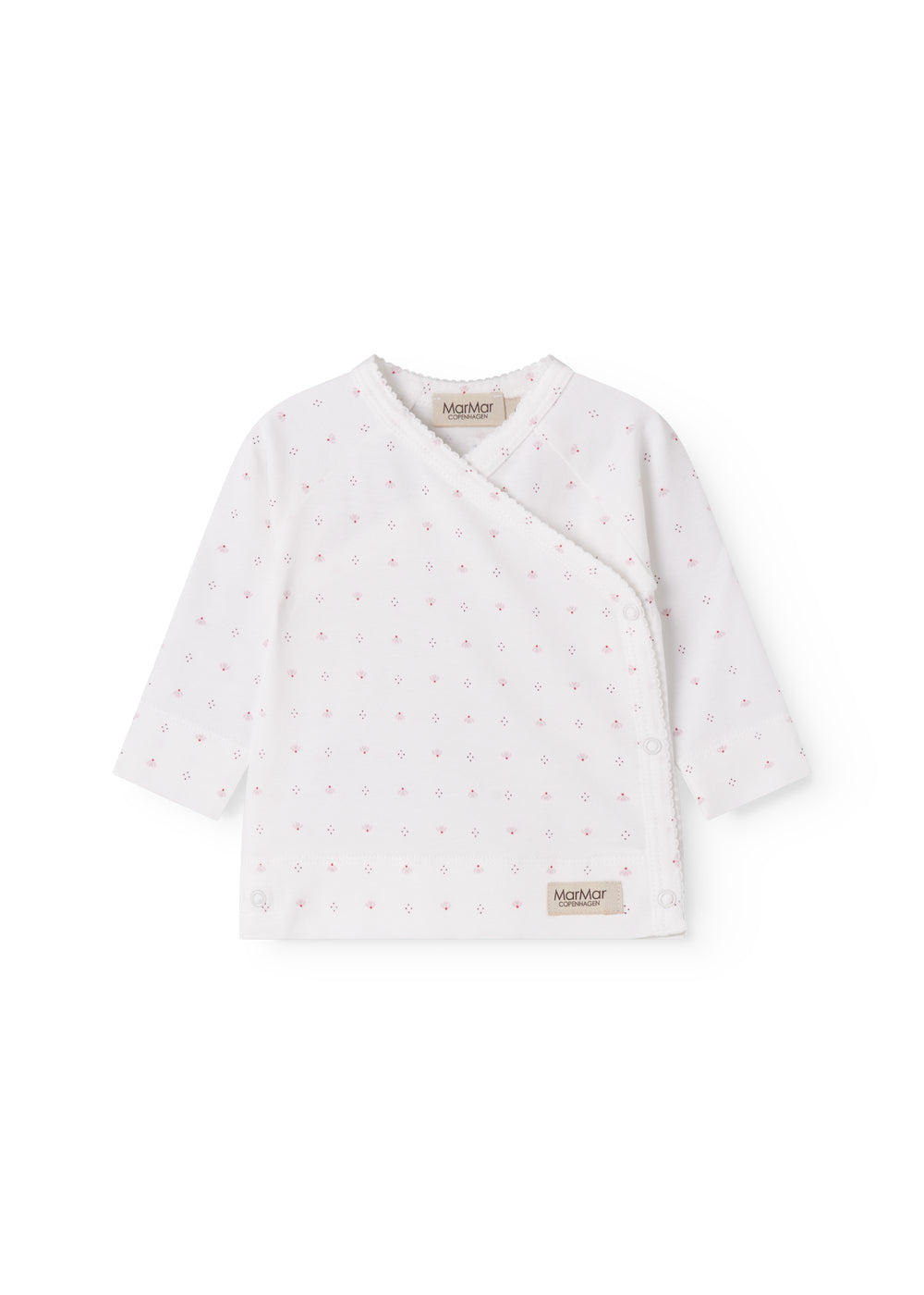 Hvid babybluse med slå-om lukning og små blomster