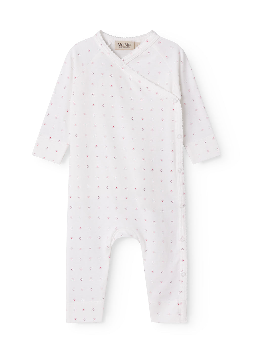 Hvid baby heldragt med  slå-om-lukning og små blomster