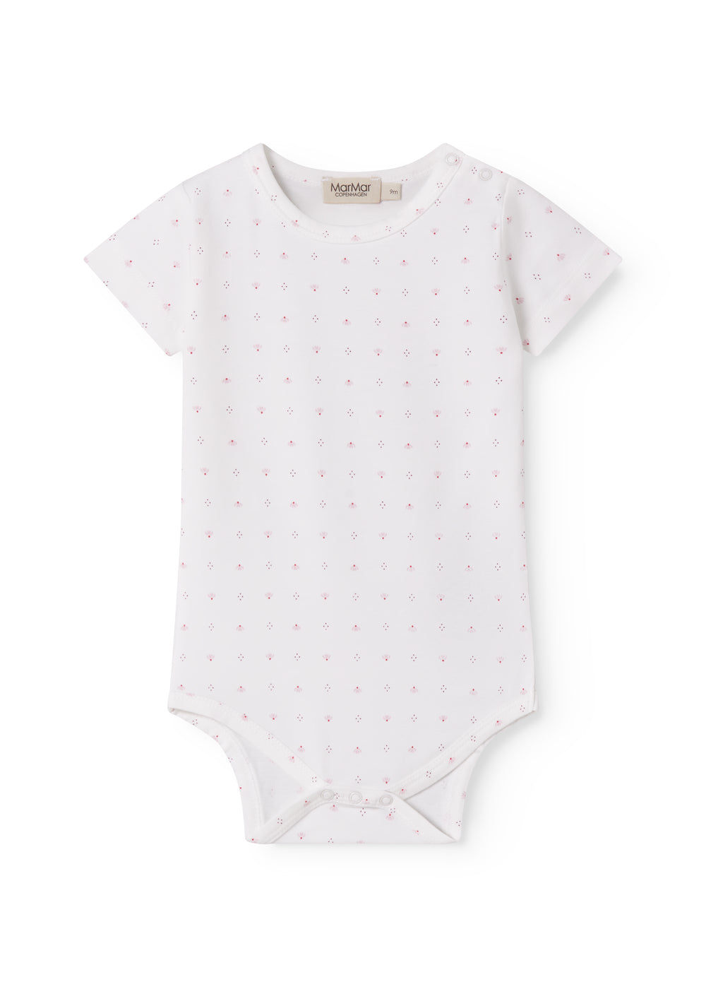Hvid kortærmet baby bodystocking med små blomster