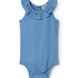Blå bodystocking med flæsekrave til baby