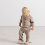 Børnesæt i teddyfleece med lynlås og bukser, gråbrun melange