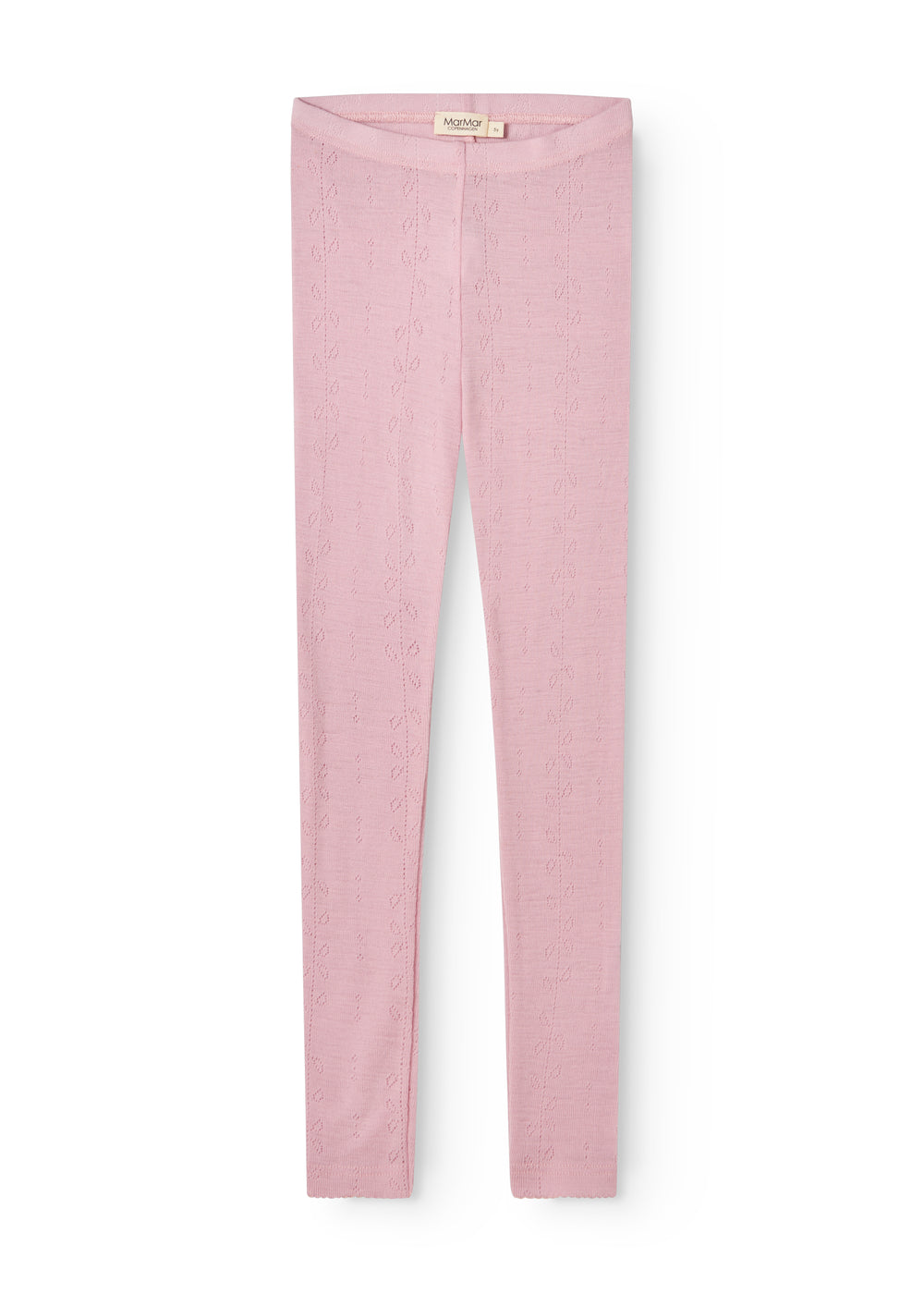 Lyserøde leggings i fint hulmønster, lige ben og elastik i taljen.