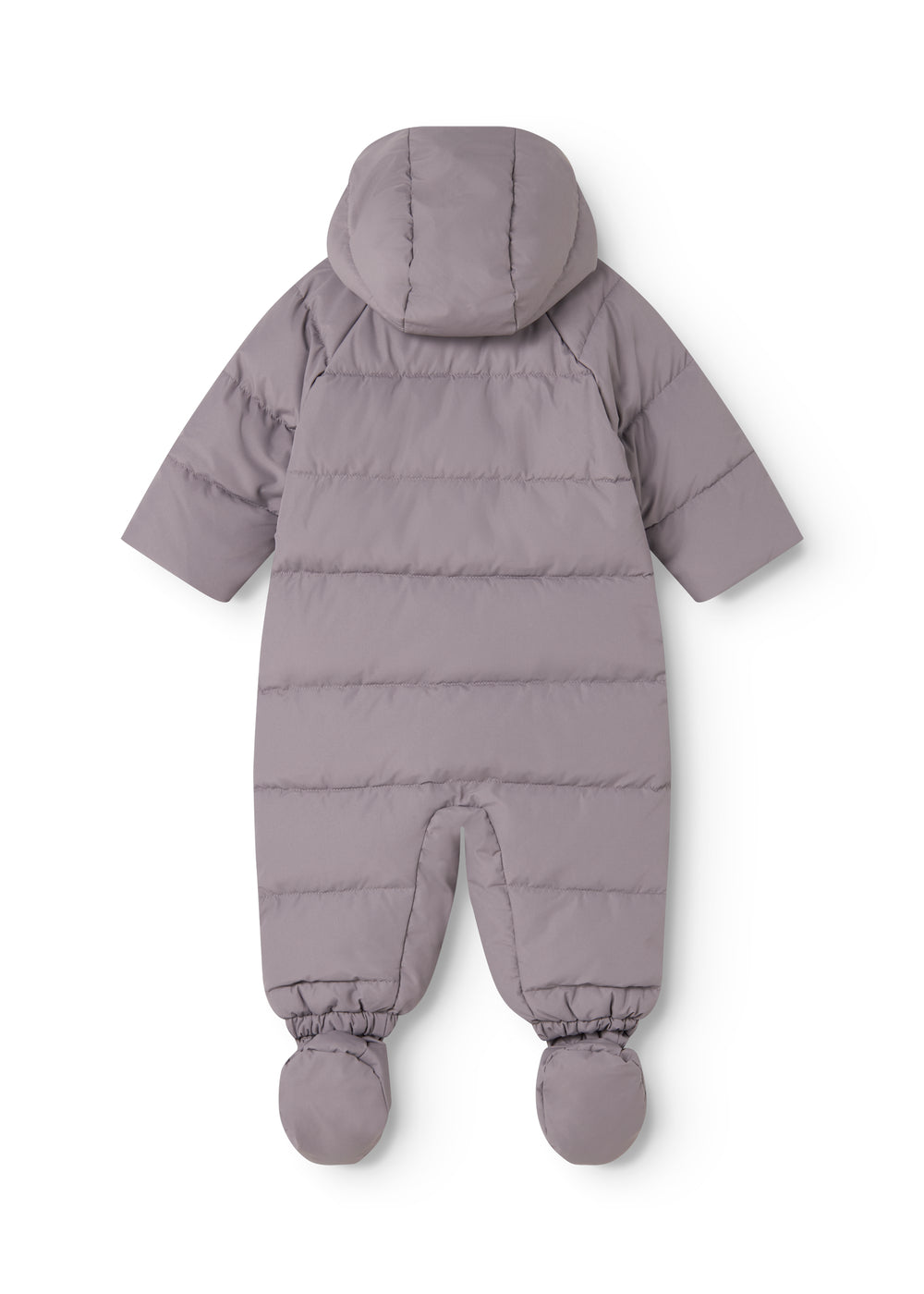 Lilla babyheldragt set bagfra med hætte og dunstriber