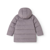 Lilla dunjakke med hætte og vandret quiltning
