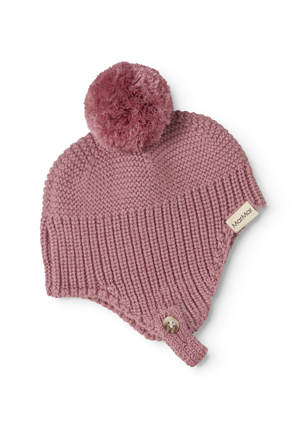 Strikhue med pompon i rosa-lilla og foldet kant samt knap i sideranden