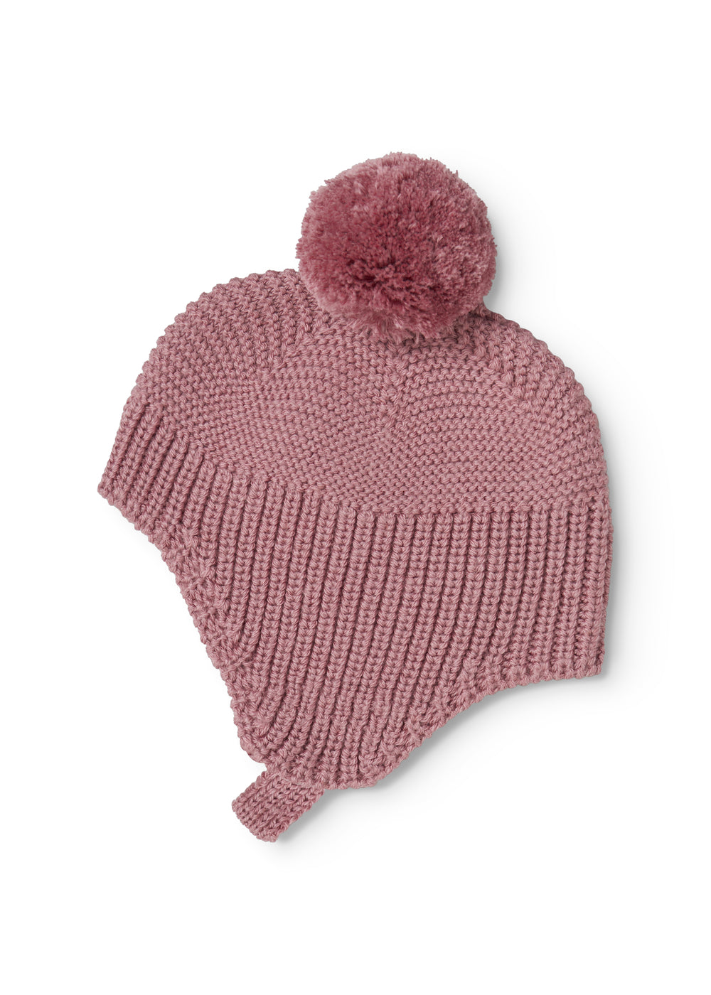 Strikhue med pompon i rosa-lilla, ribstrik og foldet kant