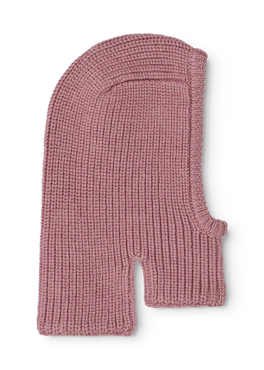 Strikhue med åbning til ansigt, ribbet mønster, rosa garn