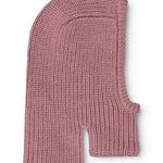 Strikhue med åbning til ansigt, ribbet mønster, rosa garn