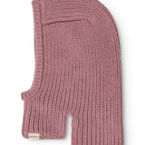 Strikhue med hueoverdel og ansigtsudskæring, ribstrik, rosa garn