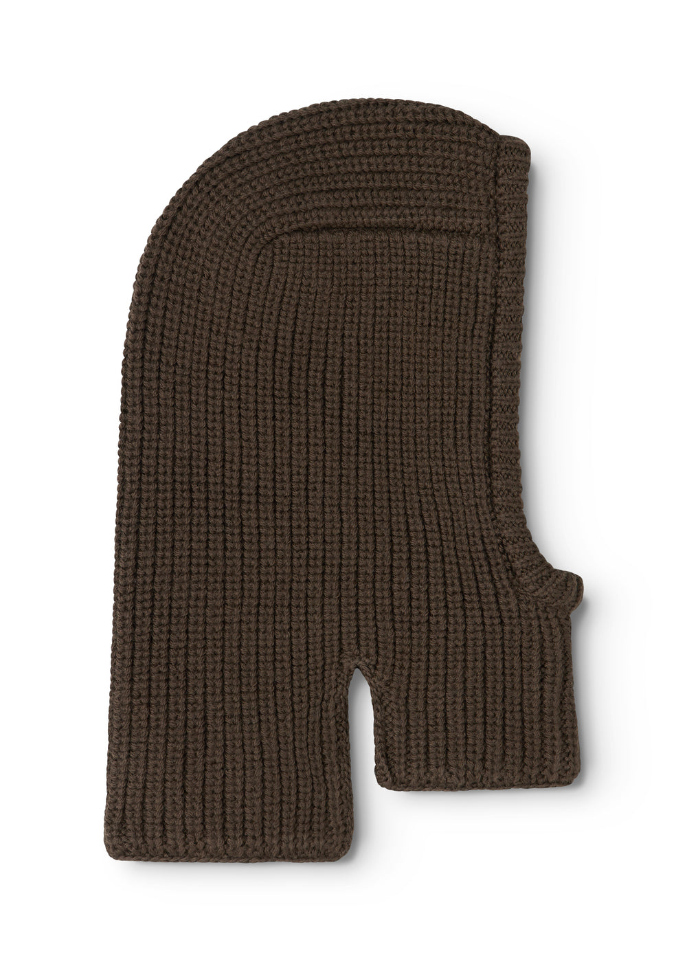 Mørkebrun strikhue/balaclava i ribstrik med bred krave og ansigtsåbning.