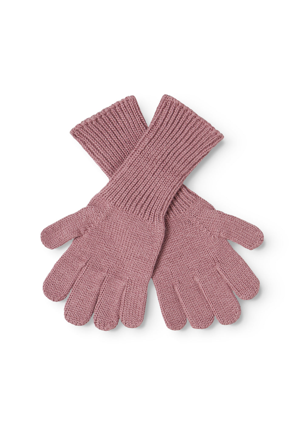 Strikhandsker i rosa-russet med fem fingre og løkker i håndfladen