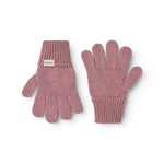 Strikhandsker i rosa-russet med ribkant og femfingersnit
