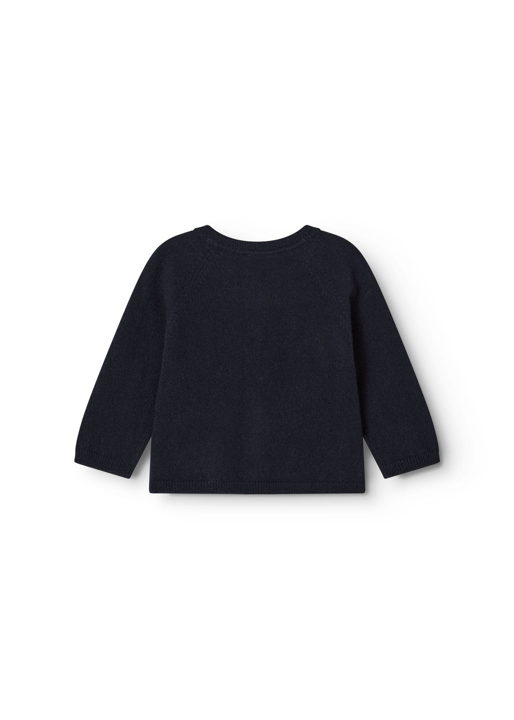 Mørk indigo babycardigan, set bagfra med rund hals og lange ærmer