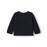 Mørk indigo babycardigan, set bagfra med rund hals og lange ærmer