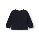 Mørk indigo babycardigan, set bagfra med rund hals og lange ærmer